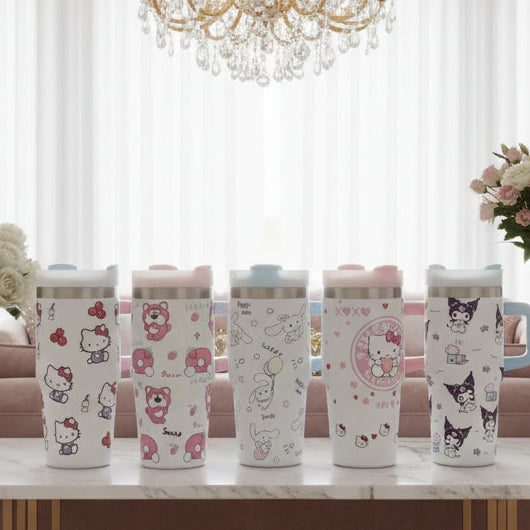 A row of colorful Hello Kitty themed travel mugs with floral and cartoon patterns, displayed on a shelf.