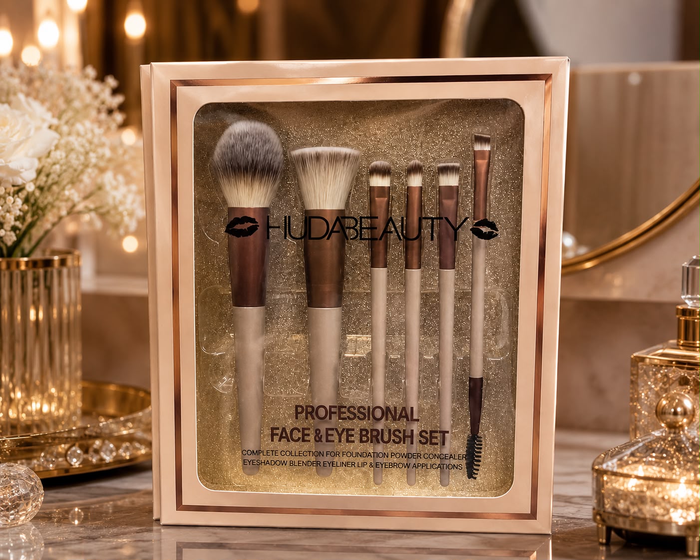 Huda Beauty Professional Face & Eye Brush Set in a rose gold box with a clear window, displayed on a vanity table with decorative flowers and gold-toned accessories.