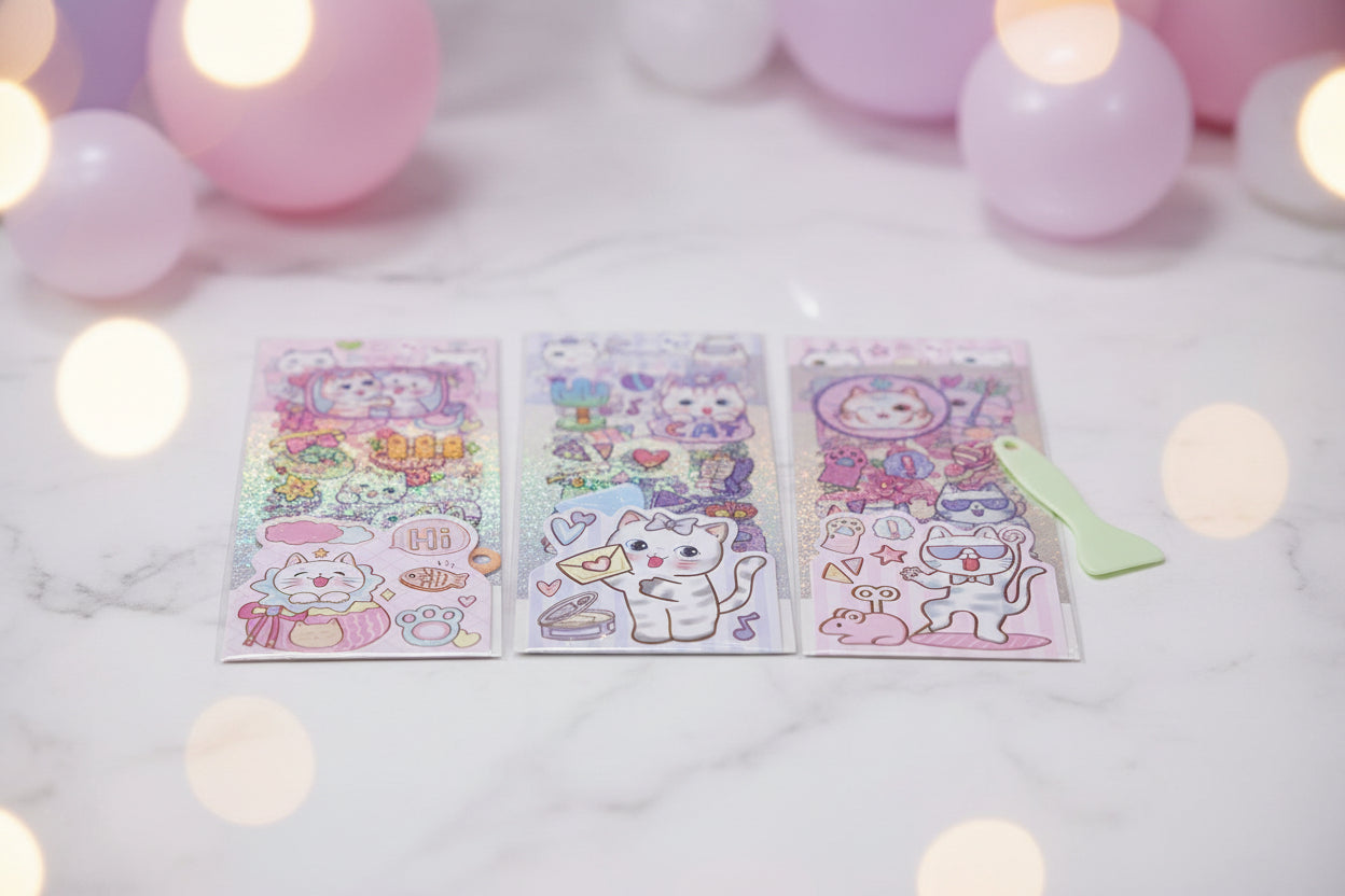 Three rectangular sheets of pastel-colored decorative stickers or washi tapes with holographic glitter and cartoon cat illustrations, laid flat on a light floor.
