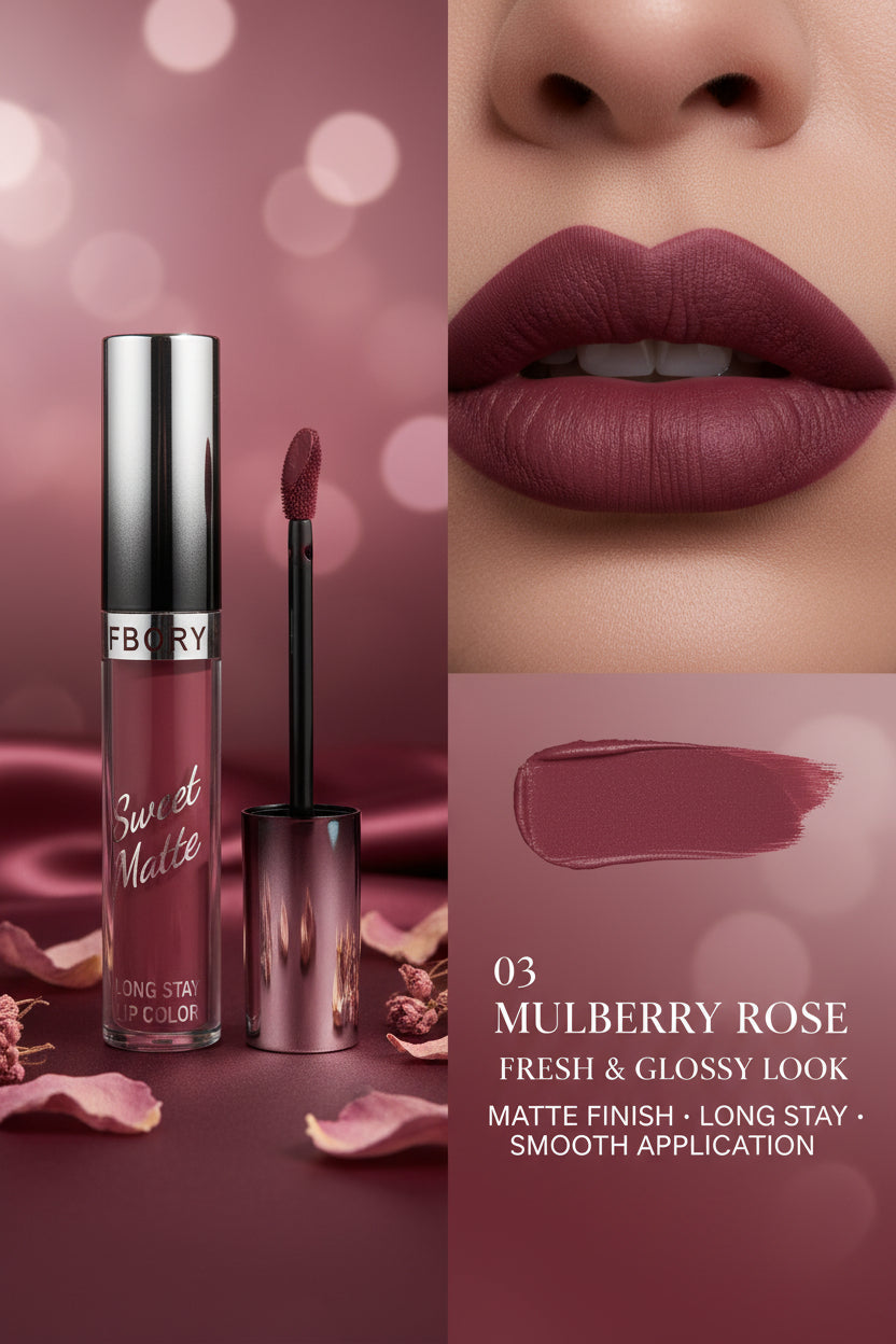 A hand holding a tube of Botor Sweet Matte Long Stay Lip Color, showing a deep berry pink swatch on the back of the hand. The background is filled with other lip color tubes.