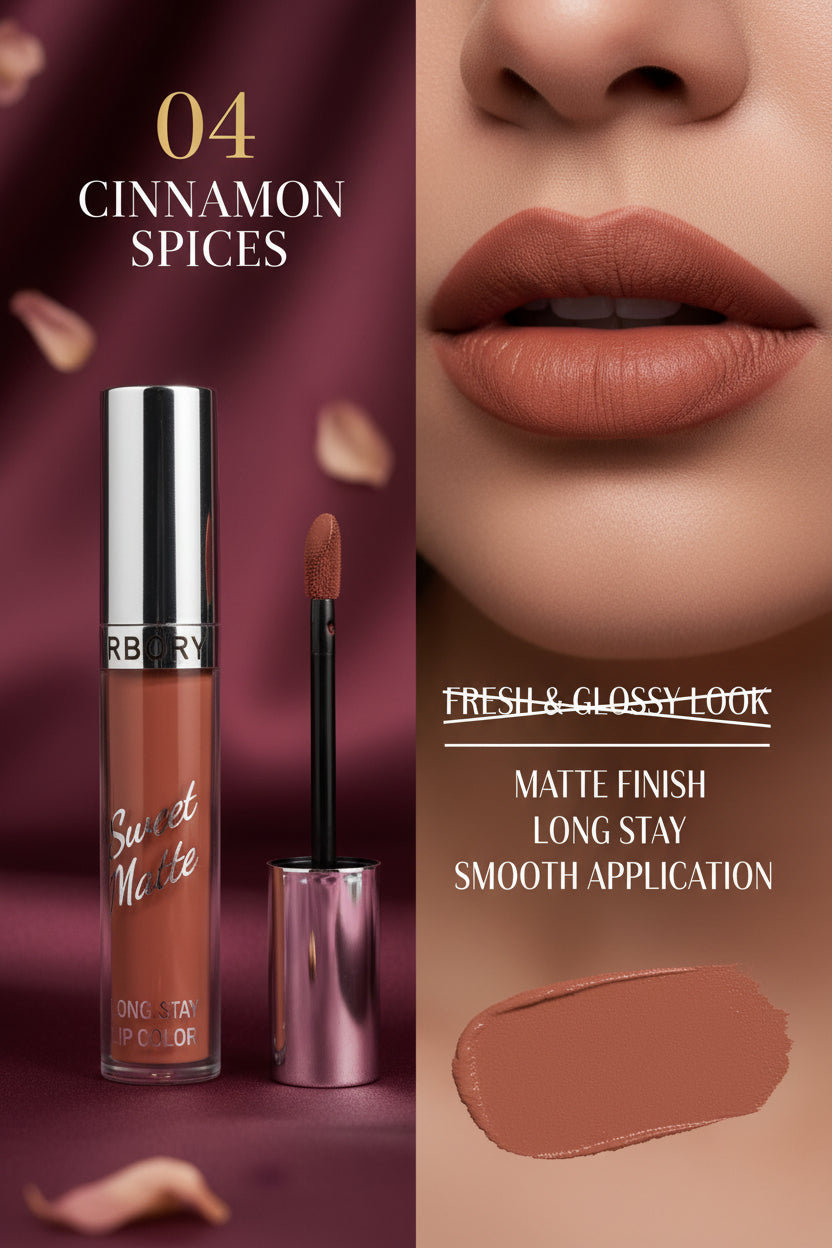 A hand holding a tube of Revorb Sweet Matte Liquid Stay Makeup Color, showing the nude mauve-brown shade on the tube and a matching swatch on the back of the hand. The background features a display of other makeup tubes.