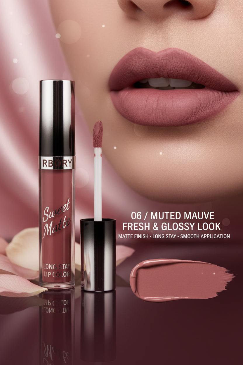 A hand holding an RBOF Sweet Melt Long-Stay Lip Color tube next to a swatch of the dusty rose pink lip color on the back of the hand. The background shows a blurred row of lip gloss tubes.