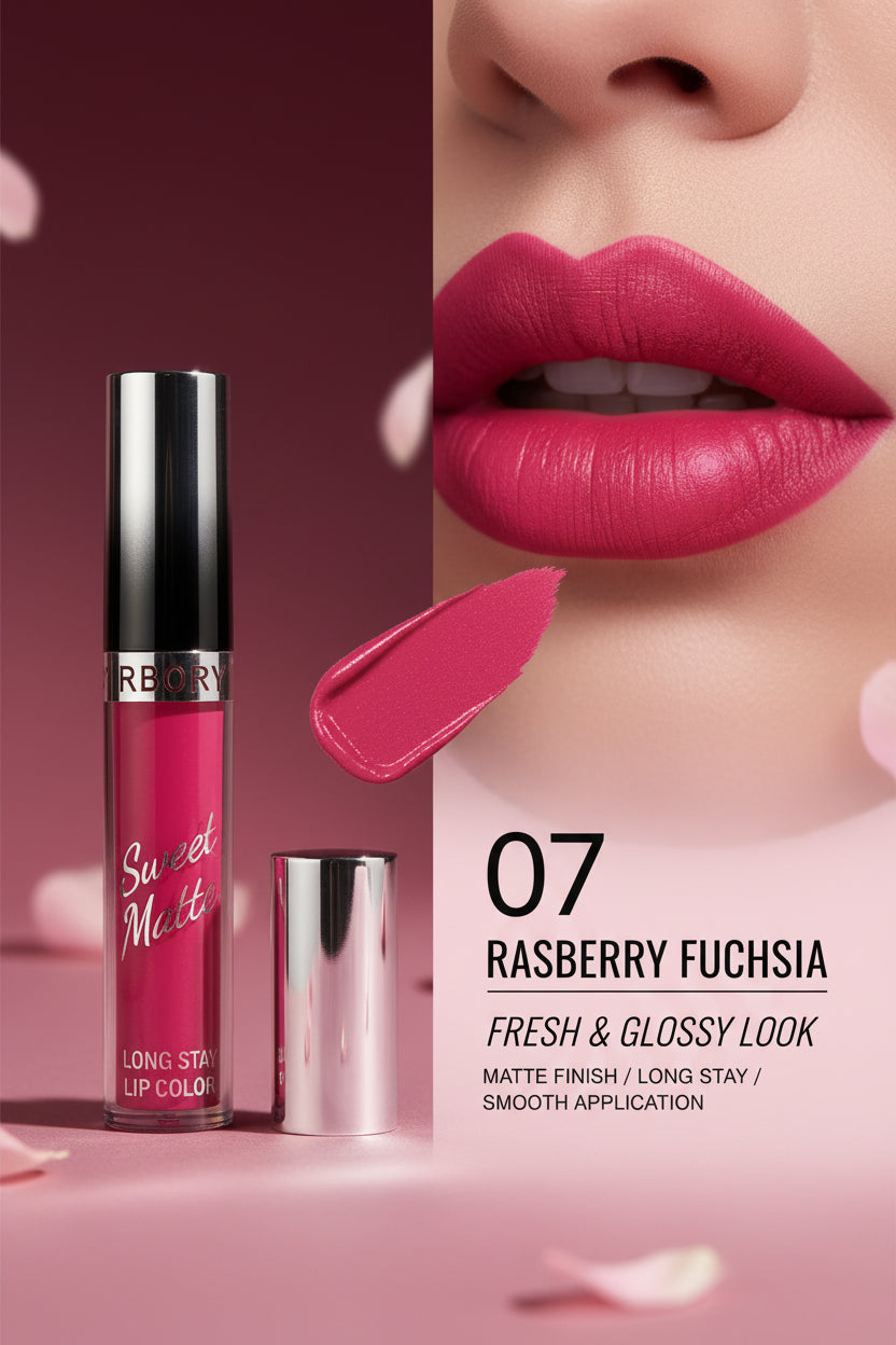 A hand holding an RBORF Sweet Matte Long Shine Lip Color tube, showing the pink liquid inside and a swatch of the pink color on the back of the hand. The background is a blurred display of other lip colors.
