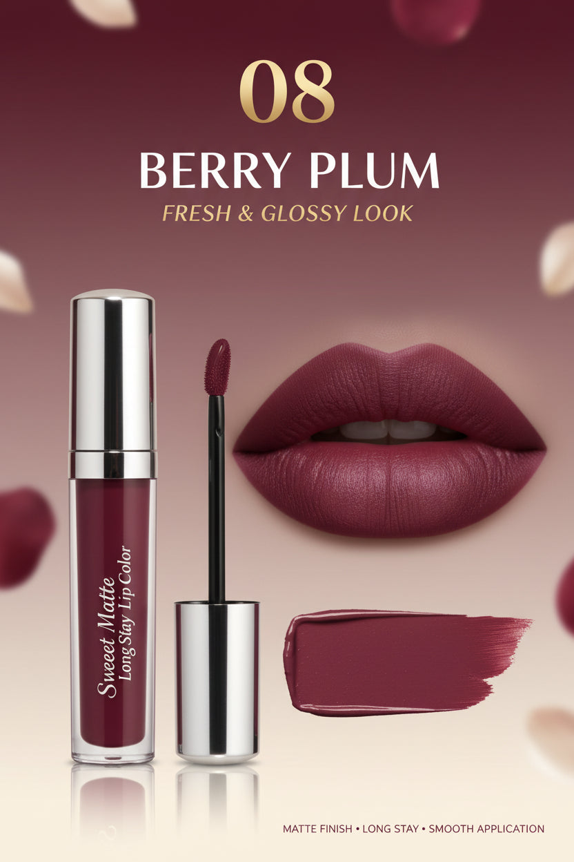 A hand holding a tube of RBOHY Sweet Matte Long Stay Lip Color, showing the pinkish-magenta product and a matching color swatch on the back of the hand, with a blurred background of other lipsticks.