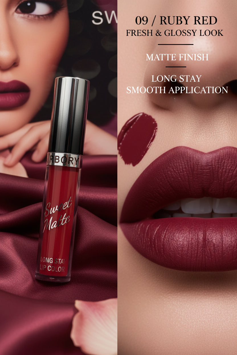A hand holding a tube of liquid lipstick with a deep red color swatch on the back of the hand. The lipstick tube is labeled 'ARBOR Sweet Matt Lip Color' and the background shows a blurred lipstick display.