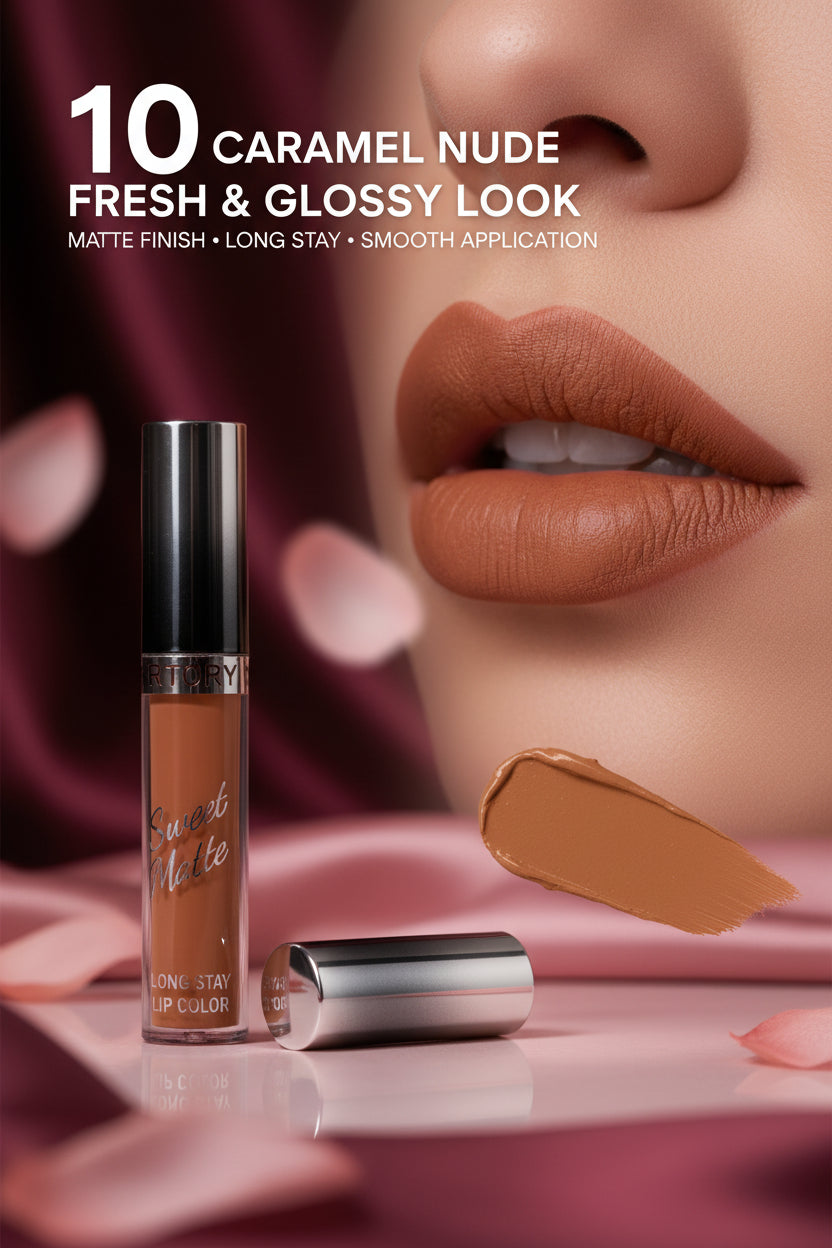 A hand holding a tube of lip oil with a swatch of the brown liquid applied on the back of the hand. The background shows a display of other lip products and a model's face.