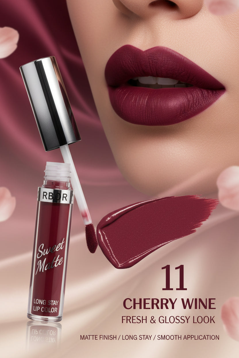 A hand holding a lip color tube with a deep red liquid swatch on the back of the hand, showing the shade. The tube is labeled 'ARBOR Sweet Matte LONG LASTING LIP COLOR'.