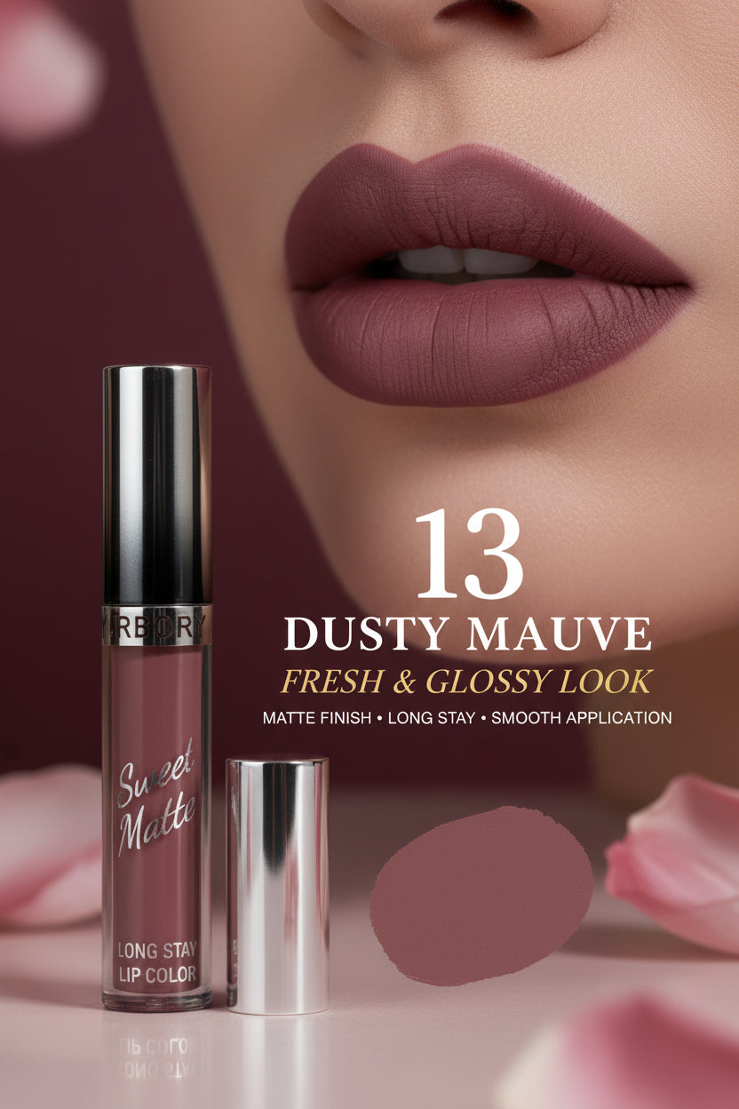 A hand holds a tube of Rbora Sweet Matte Long Lasting Lip Gloss in a dusty rose shade, with a swatch of the gloss applied on the back of the hand. Other lip gloss tubes are visible in the blurred background.