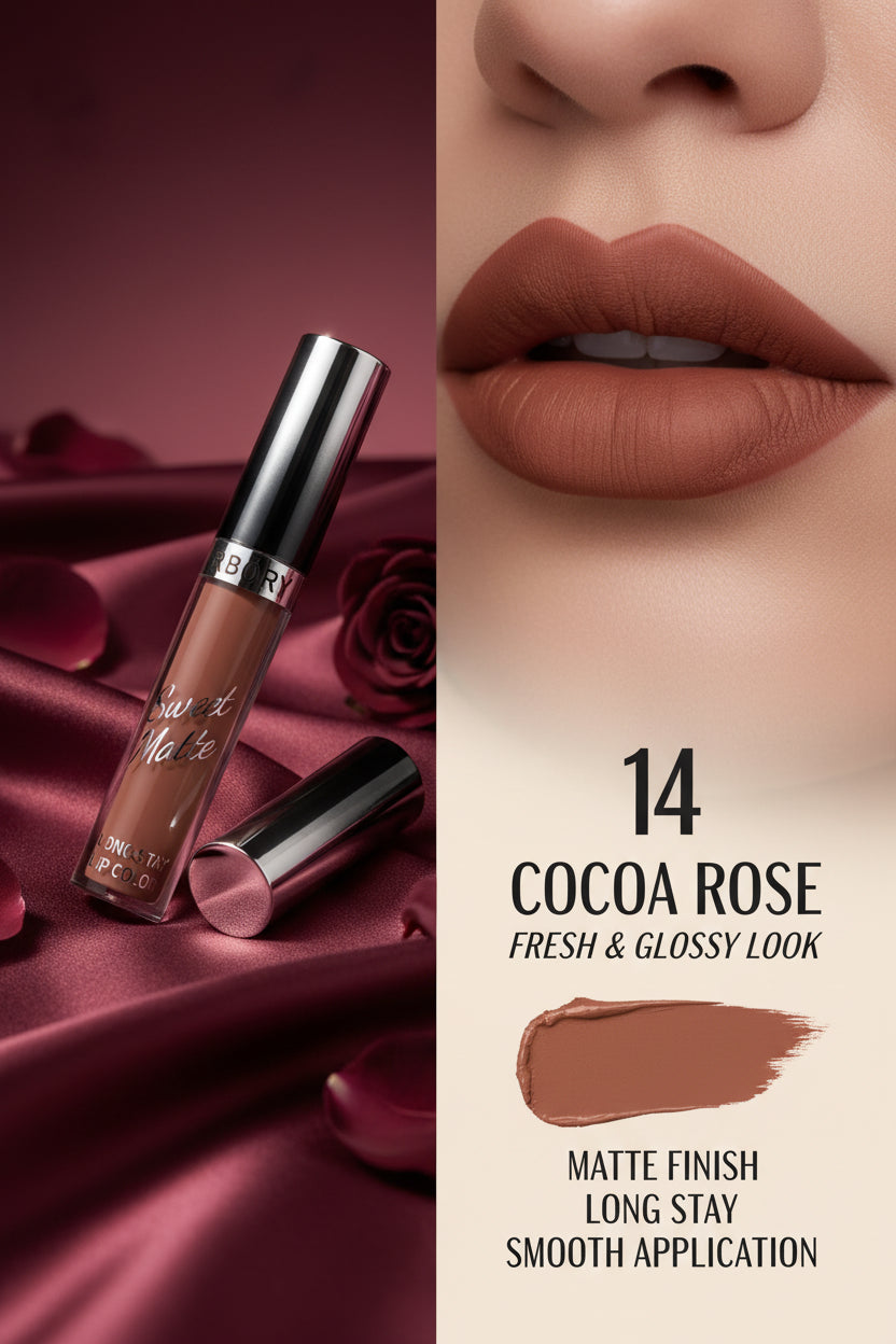 A hand holding a tube of lip color with a swatch of the brown shade on the palm, against a background of other lipsticks and a blurred face.