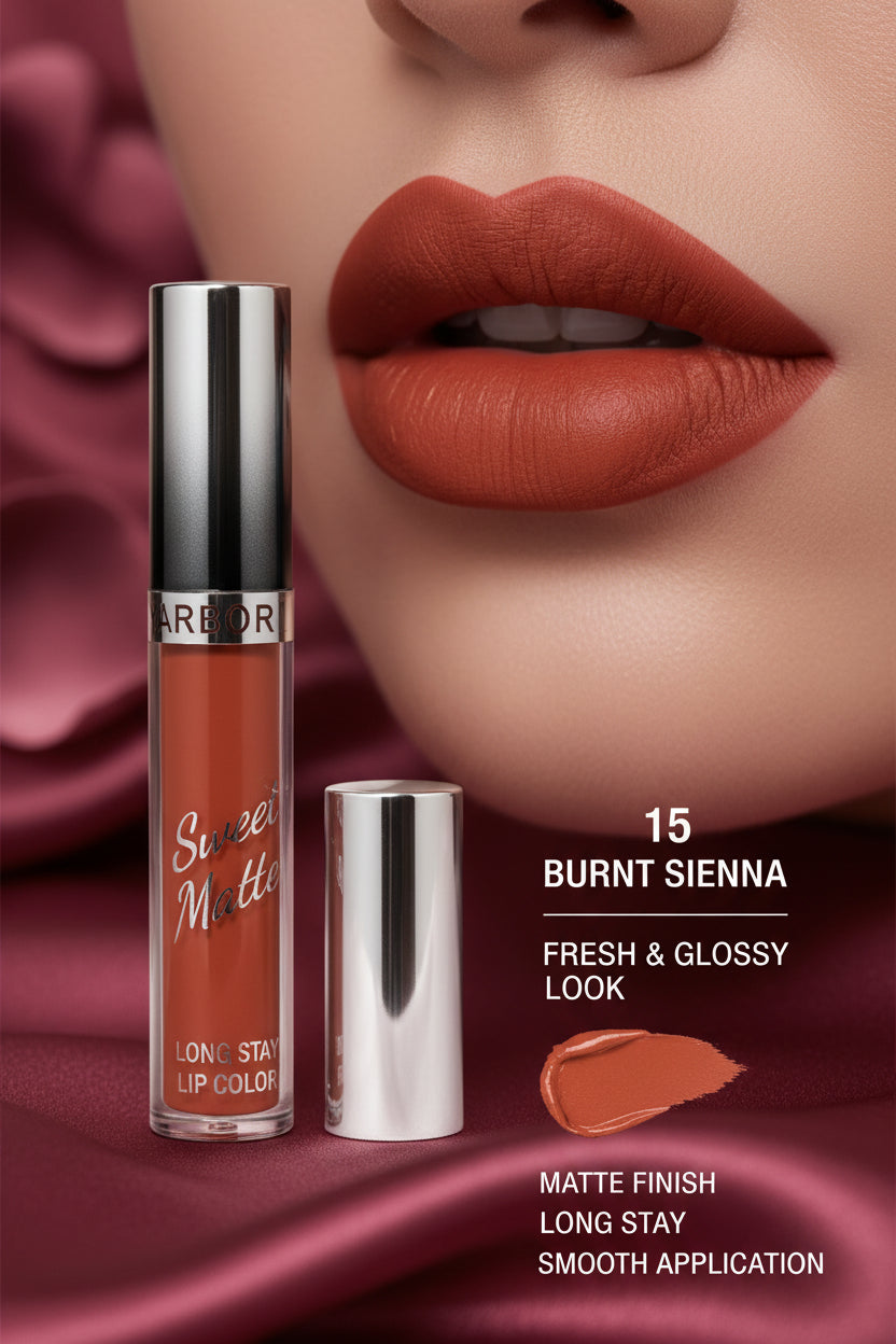 A hand holding a tube of lip color with a swatch of the orange-terracotta shade on the palm, with a blurred background of other lipsticks and a model wearing dark red lipstick.