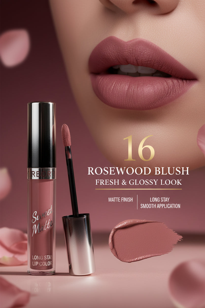 A hand holding a tube of RBOB Sweet Milk liquid lipstick, showing the pink product inside and a swatch of the matte pink color on the back of the hand. The background shows a display of other lipsticks and a model's face.