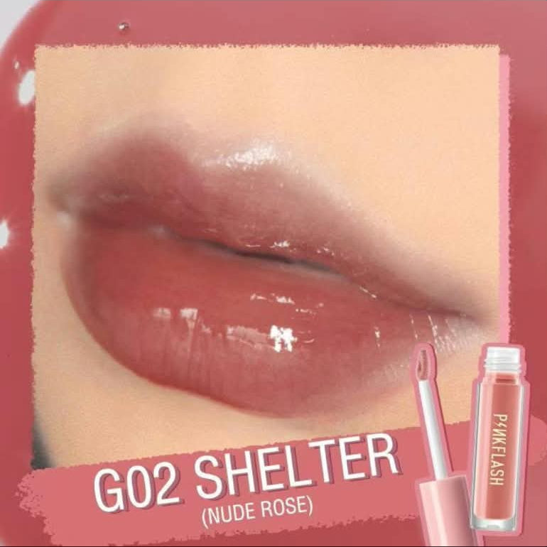 A close-up lip swatch showing glossy nude-rose lips with the text 'G02 SHELTER (NUDE ROSE)' and a small lip gloss tube on a pink background.
