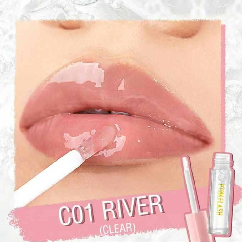 A close-up beauty graphic showing glossy nude-pink lips with a lip product applicator, plus a small tube labeled C01 RIVER (CLEAR). The image is framed within a phone app interface with black bars and status icons.