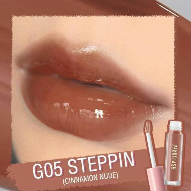 A close-up lip swatch showing glossy nude-brown lips with text reading 'G05 STEPPIN (CINNAMON NUDE)' and a small lip product tube at the lower right.