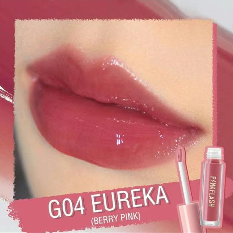 A close-up lip swatch showing glossy berry pink lips with a small tube of lip gloss labeled EUREKA beside it. The text reads 'G04 EUREKA (BERRY PINK)'.