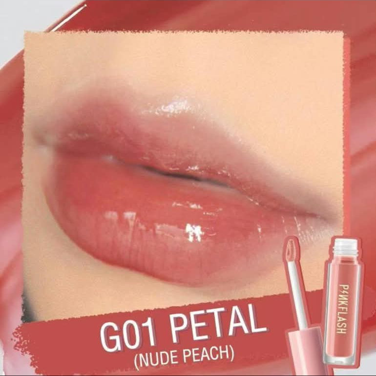 A close-up of glossy nude peach lips wearing a lip product, with a small tube of the product and applicator shown beside it. Text on the image reads 'G01 PETAL (NUDE PEACH)'.
