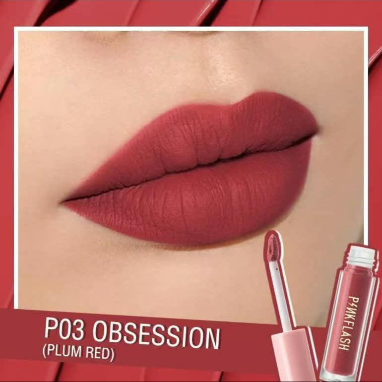 A close-up of lips wearing a matte plum red lipstick, with the lipstick tube and applicator shown at the bottom right and text reading 'P03 OBSESSION (PLUM RED)'.
