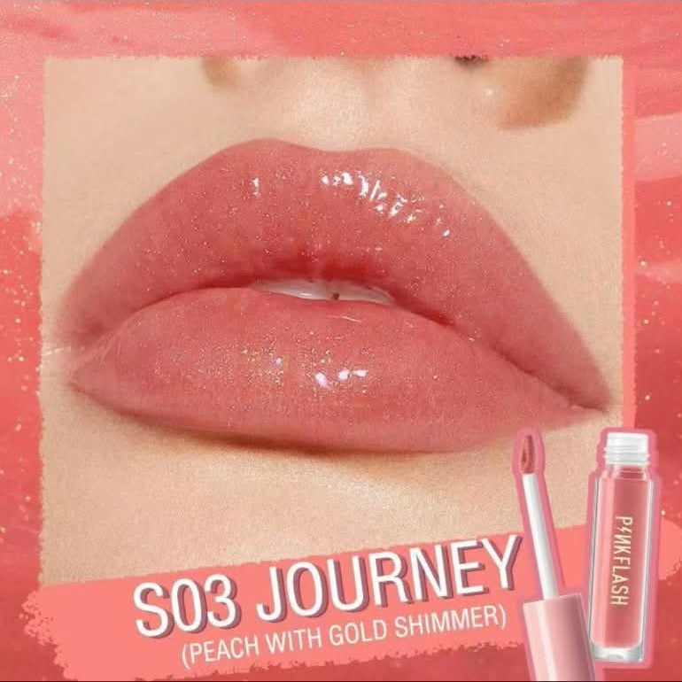 A close-up lip swatch showing glossy peach-pink lips with text reading 'S03 JOURNEY (PEACH WITH GOLD SHIMMER)' and a small tube of lip product at the lower right.