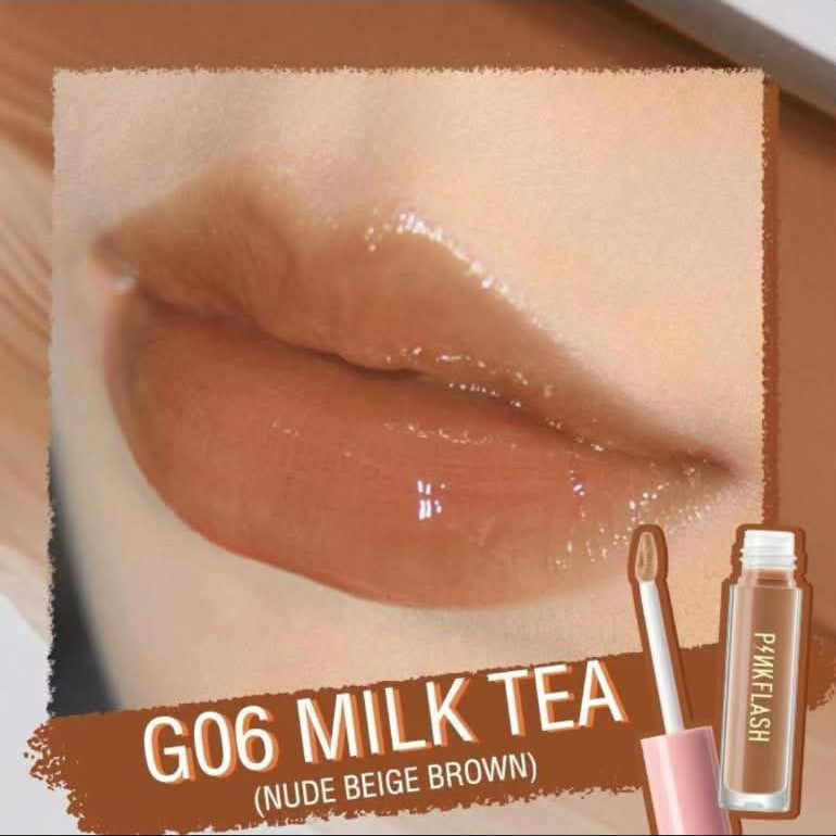 Close-up of glossy nude beige-brown lips wearing a lip product, with text reading 'G06 MILK TEA (NUDE BEIGE BROWN)' and a small bottle applicator shown at the lower right.
