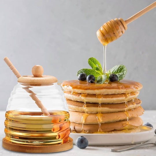 Glass Honey Pot With Spoon, Honey Jar With Wooden Lid, Solid Glass Honeycomb Tank, Honey Pot Dispenser With Lid