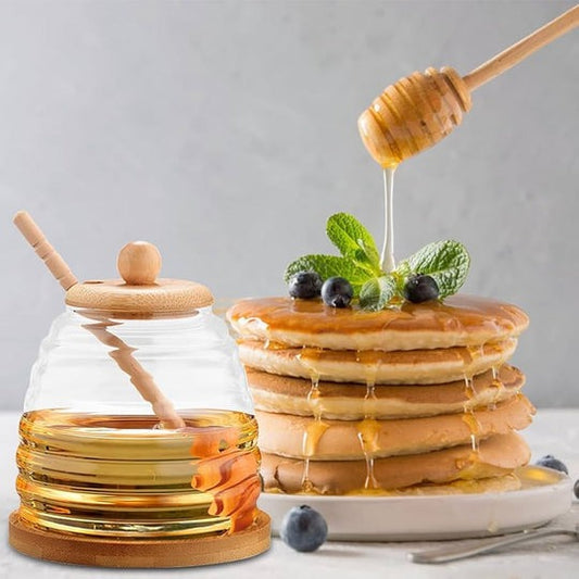 Glass Honey Pot With Spoon, Honey Jar With Wooden Lid, Solid Glass Honeycomb Tank, Honey Pot Dispenser With Lid