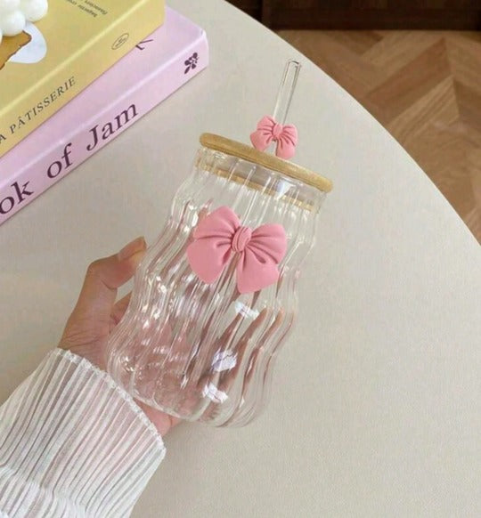 Bow Coffee Glass Mug, High Borosilicate Glass Cloud Cup, Wooden Lid Glass Mug With Straw