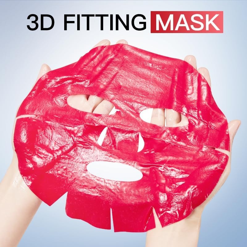 A red 3D fitting sheet mask being held up by two hands against a light blue gradient background, with the text '3D FITTING MASK' at the top.