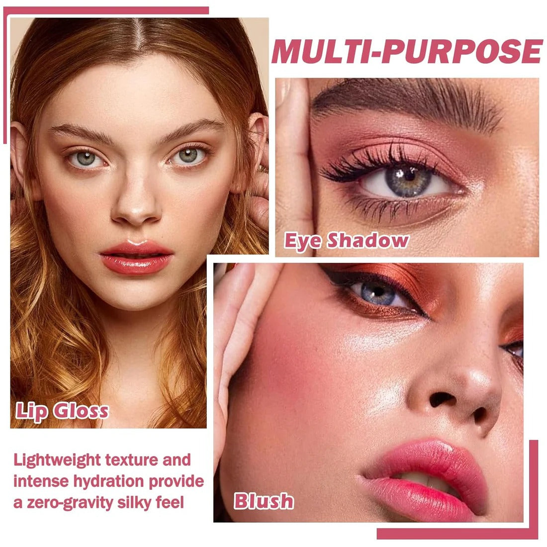 Collage of a woman's face with makeup products labeled 'Eye Shadow', 'Lip Gloss', and 'Blush'.