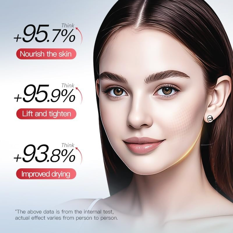 A close-up beauty graphic showing a woman's face with promotional text on the left. The text claims '+95.