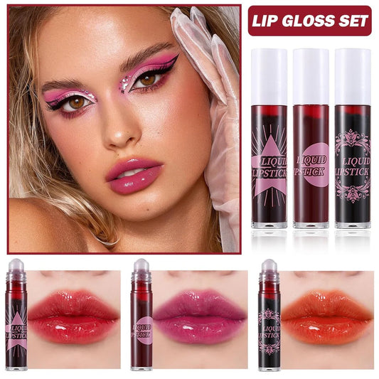 Lip gloss set with a model wearing pink lip makeup and close-up shots of the lip gloss.