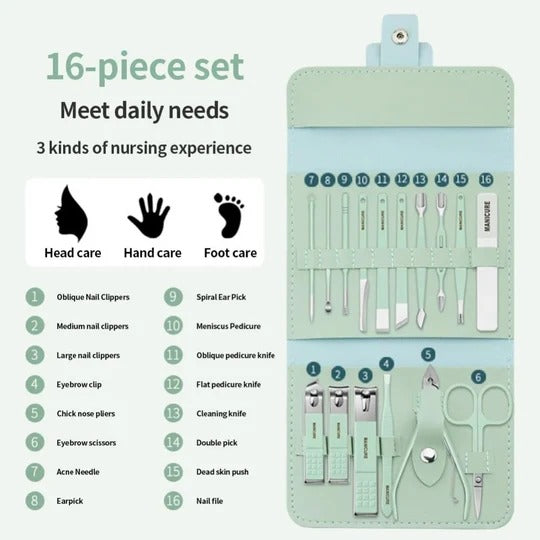 16-piece nail care set with tools and a carrying case on a green background