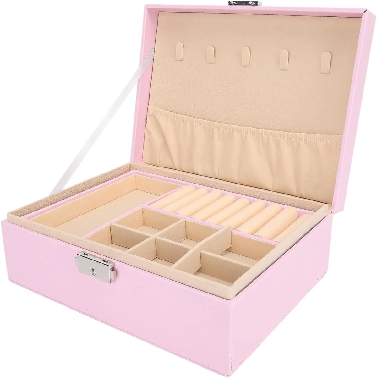 A pink jewelry organizer box with an open lid, featuring beige fabric lining, elastic loops on the inside lid, a roll-top section, and multiple compartment dividers.