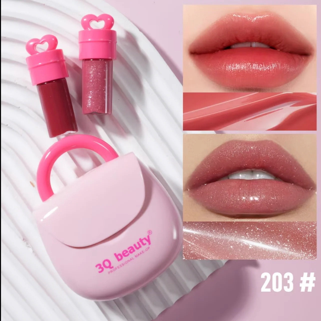 Pink lip gloss with heart-shaped cap and '3Q beauty' branding, shown on a white background.