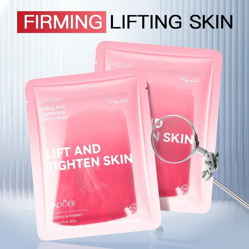 Two pink SADOER lifting and tightening facial mask packets on a light blue background with the text 'FIRMING LIFTING SKIN' and a magnifying glass graphic.