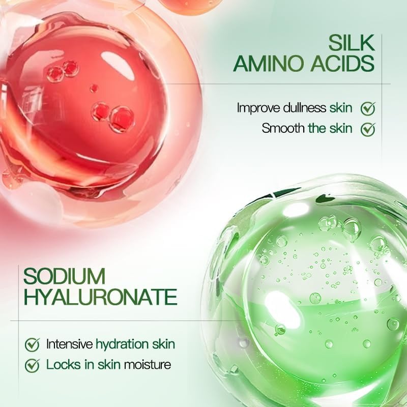 Promotional graphic for a skincare product featuring two translucent gel spheres: a pinkish-red sphere labeled 'SILK AMINO ACIDS' and a green sphere labeled 'SODIUM HYALURONATE,' with text listing skin benefits on a pale mint background.