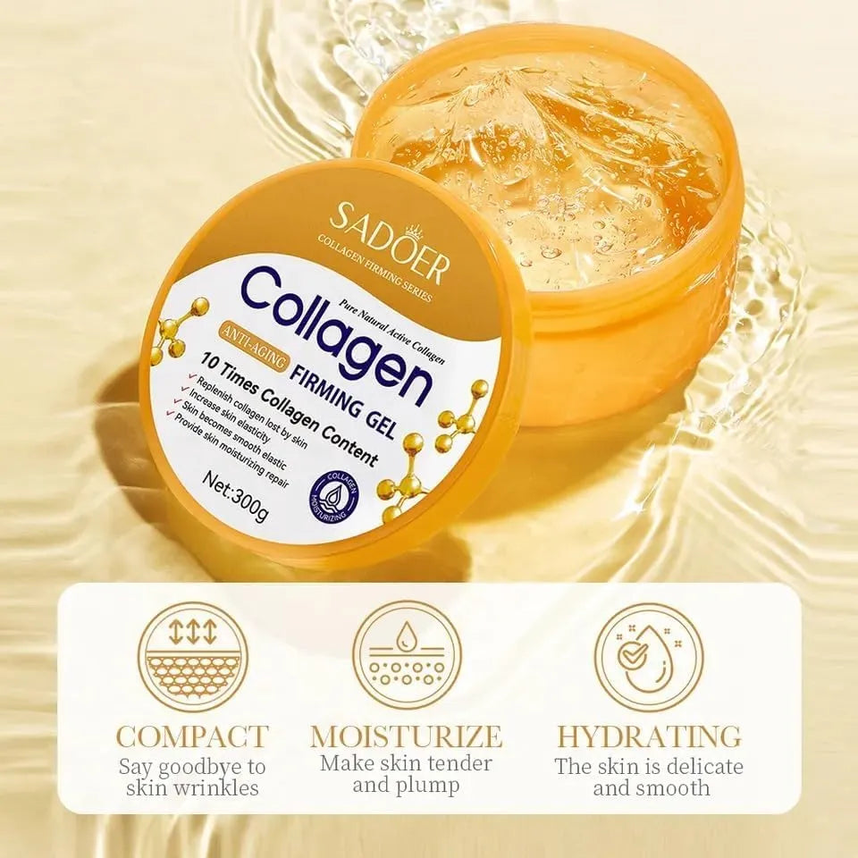 Sadoer Collagen Firming Gel in a round orange jar with its lid placed beside it, set against a warm golden background with water ripple graphics. A white banner at the bottom lists product benefits: compact, moisturize, and hydrating.