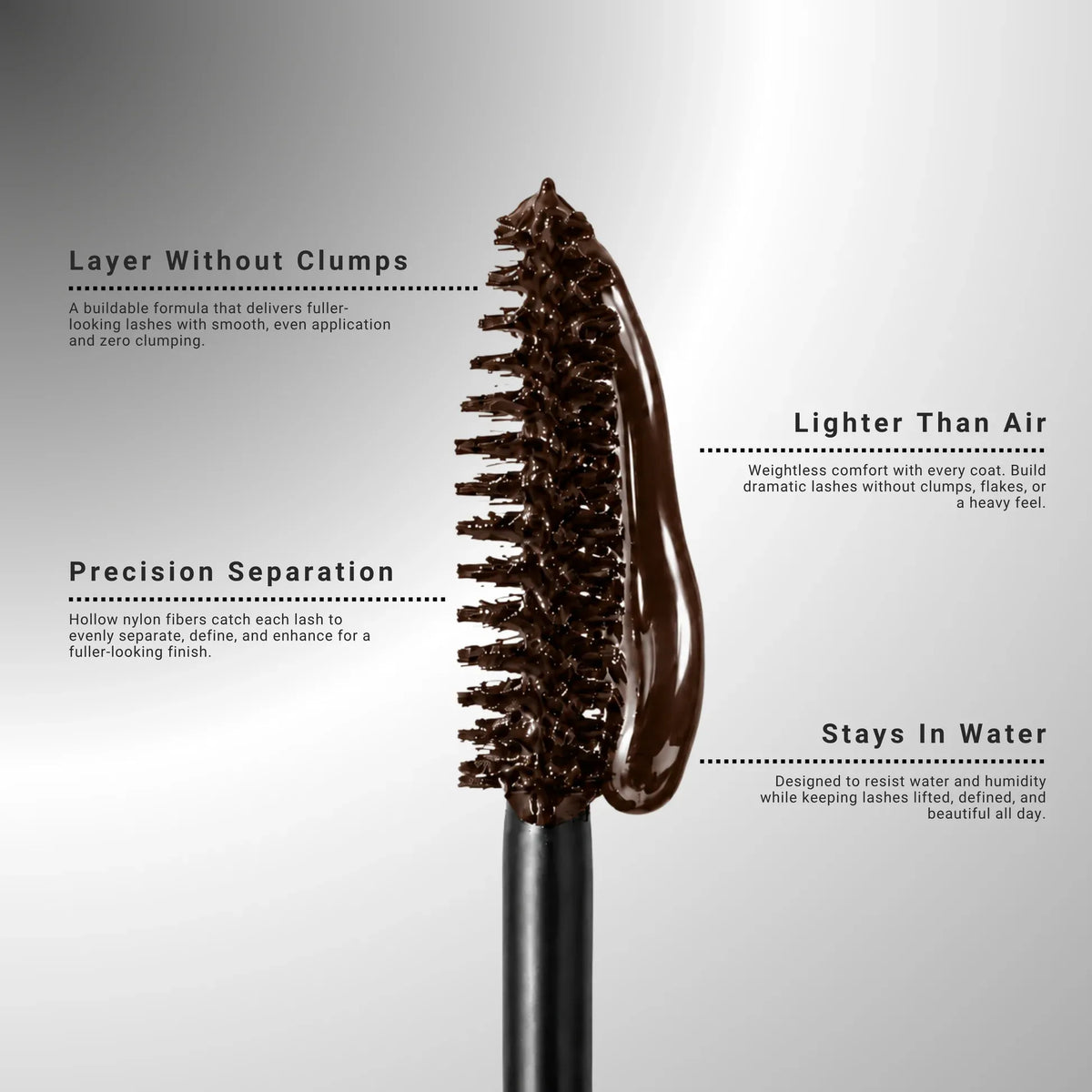 A black hair-building brush with descriptive text callouts on a light gray gradient background.
