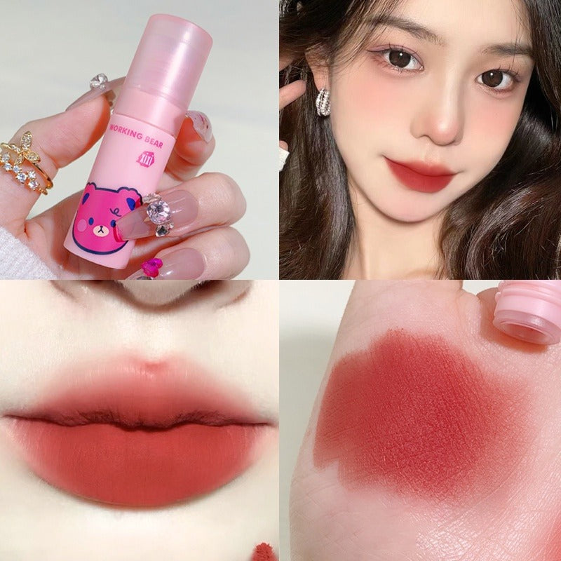 A four-panel collage showcasing a pink lip product. The top-left panel shows a hand holding a pink tube labeled 'Blossoming Pear' with a cartoon bear graphic.