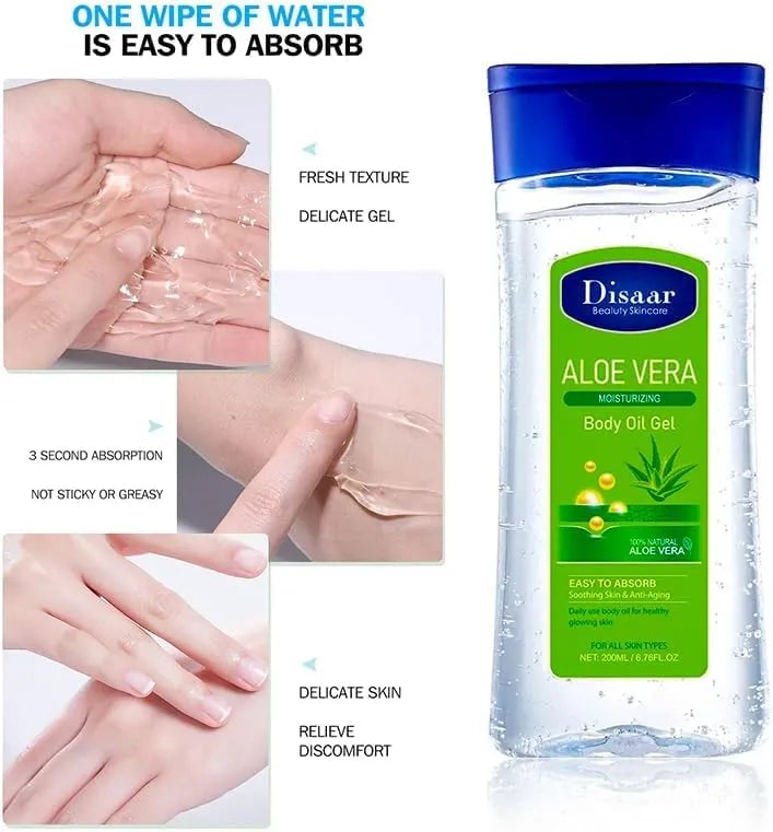 Disaar Aloe Vera Body Oil Gel in a clear bottle with a blue cap and green label, shown alongside three inset photos demonstrating easy absorption on skin and the gel texture.