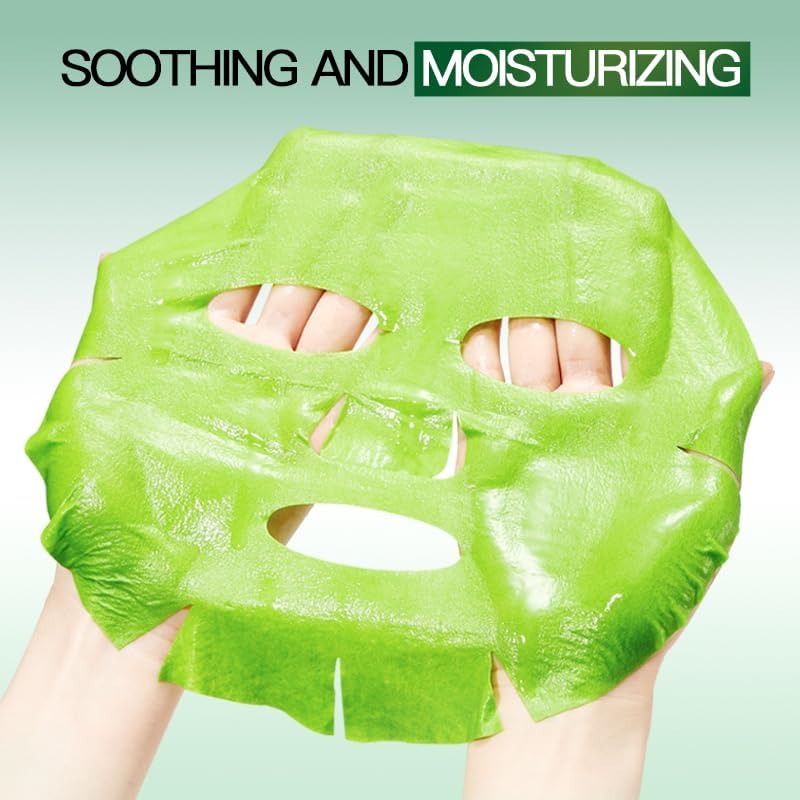 A bright green sheet mask being held up by two hands against a pale green gradient background, with the text 'SOOTHING AND MOISTURIZING' at the top.