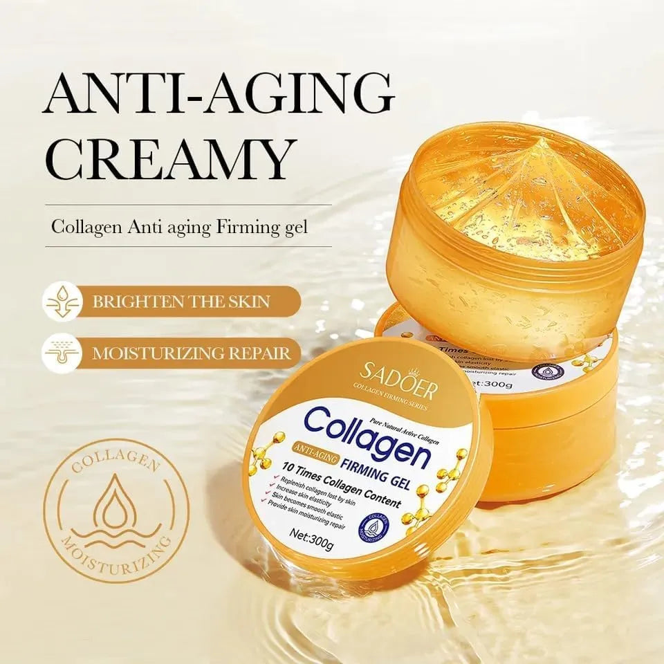 Collagen anti-aging firming gel with packaging on a beige background