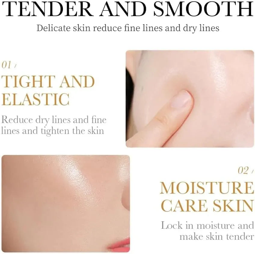 Promotional graphic for a skincare product with text reading 'TENDER AND SMOOTH' and two inset close-up skin photos showing smooth, hydrated skin. The layout includes callouts about tightness, elasticity, and moisture care.