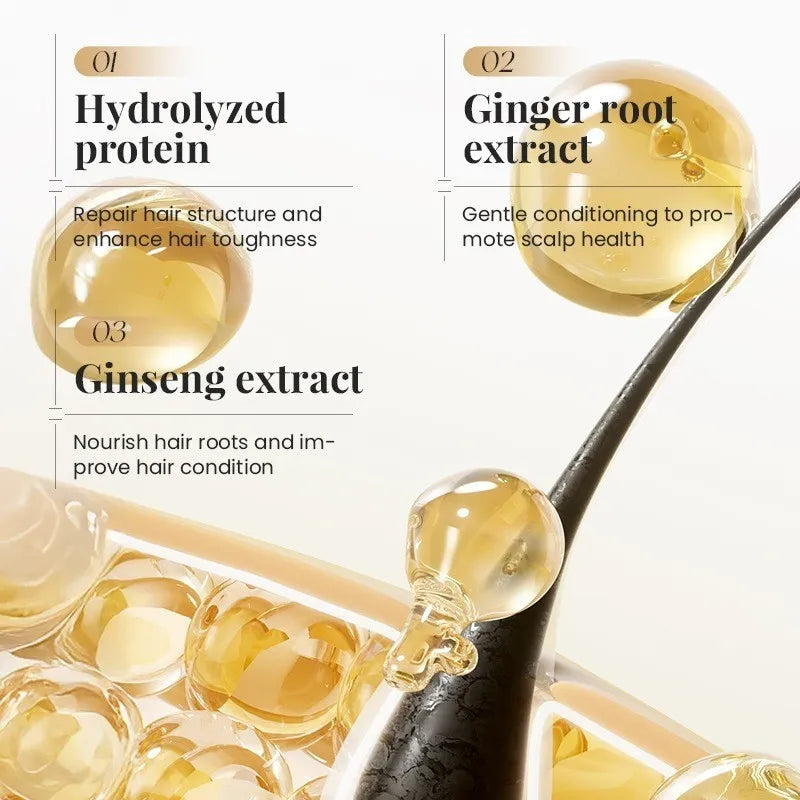 Three clear capsules filled with golden-yellow liquid are arranged on a white background with text overlays reading 'Hydrolyzed protein,' 'Ginger root extract,' and 'Ginseng extract.' A black spoon is visible in the foreground.