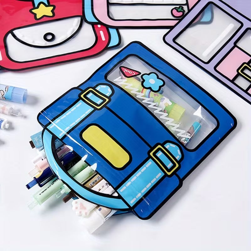 A blue backpack-shaped stationery organizer filled with pens and pencils, shown on a white surface with other colorful stationery items partially visible around it.