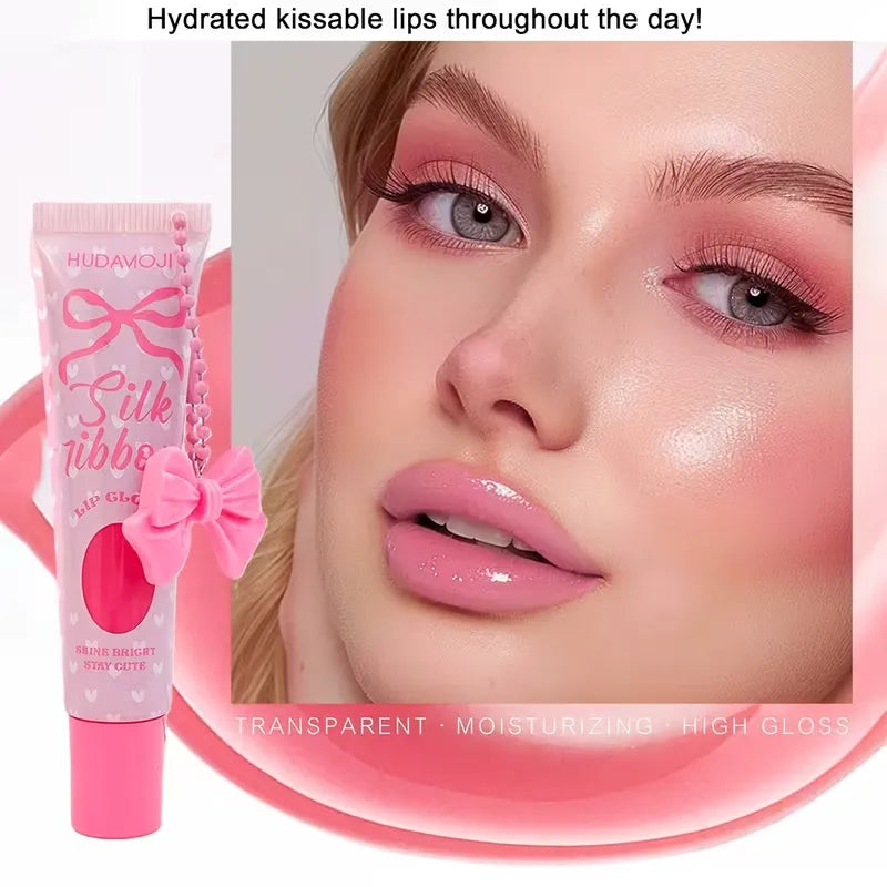 Lip balm with pink packaging and a close-up of lips with pink lip gloss.