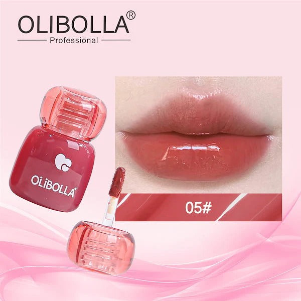 Olibolla lip gloss with applicator and close-up of lips wearing the product on a pink background