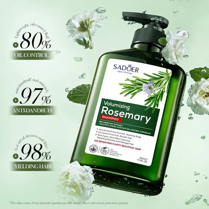 Sadoer Volumizing Rosemary Shampoo bottle with green background and floral elements