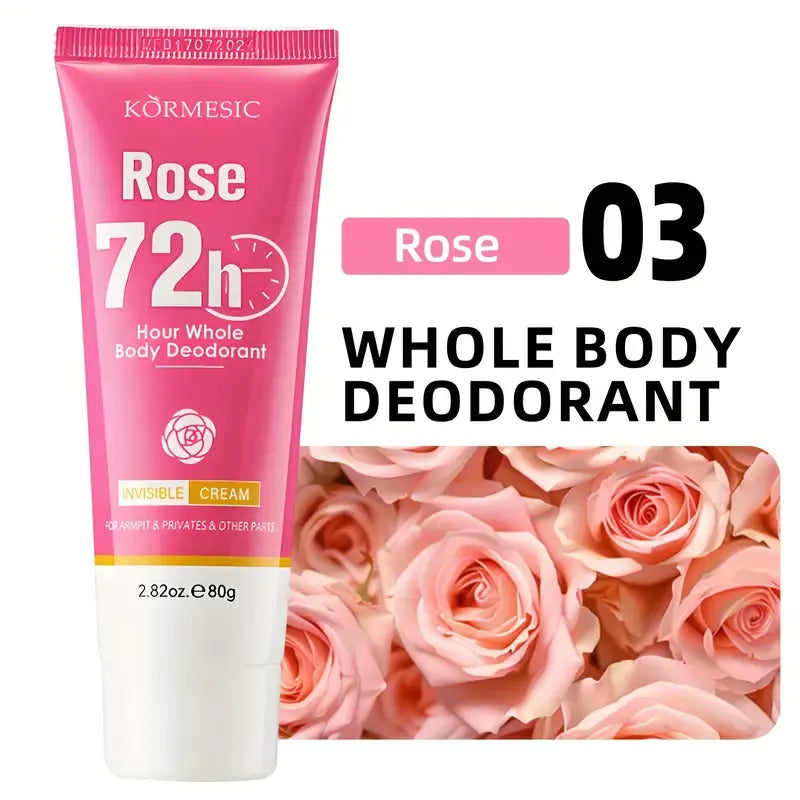 Körmesic Rose 72h Whole Body Deodorant in a pink squeeze tube with a white cap, shown next to a pink rose photo background and text indicating 'Rose 03' and 'Whole Body Deodorant'.