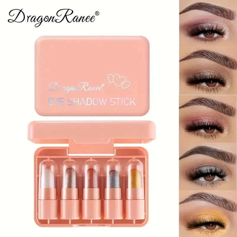 DragonRanee eye shadow stick set in a peach-colored plastic case, shown open with four eyeshadow sticks inside. The packaging features the DragonRanee logo and the text 'EYE SHADOW STICK'.
