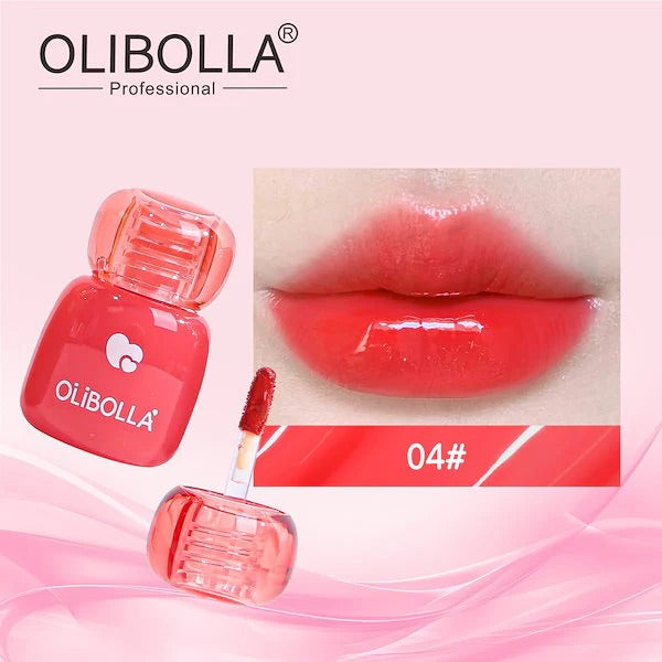 Olibolla lip gloss with applicator and close-up of lips wearing the product on a pink background
